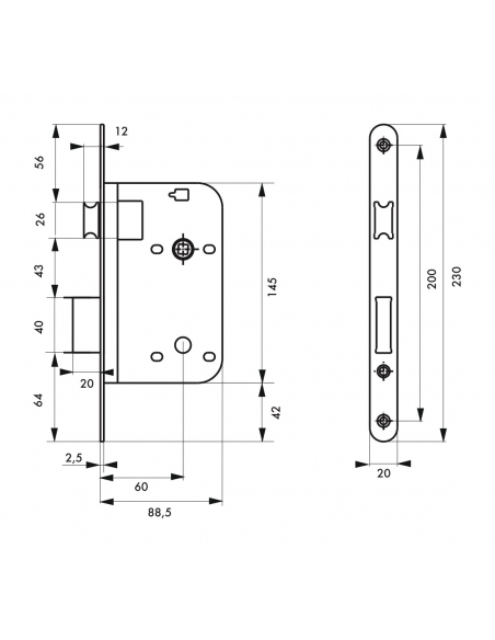 Serratura da incasso per porta interna, asse 60mm, estremità tonde, ottone lucido verniciato - THIRARD