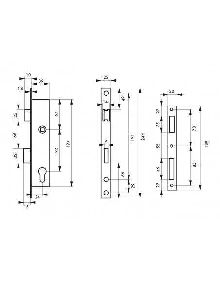 Serratura da incasso con cilindro per infissi in metallo, asse 24mm, L 39, piastra quadra, cilindro 30x30mm, acciaio inossida...