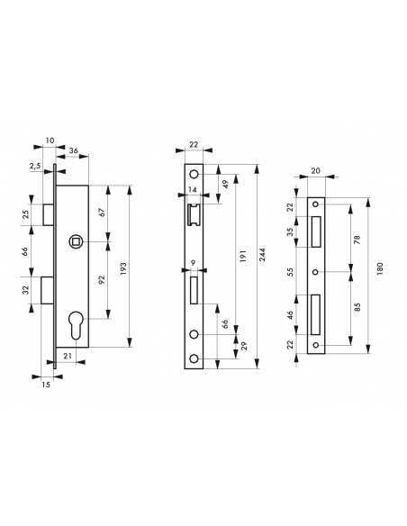 Serratura da incasso con cilindro per infissi in metallo, asse 21mm, L 36, piastra quadra, cilindro 30x30mm, acciaio inossida...