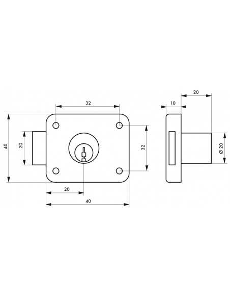 Serratura da applicare per porte di mobili, asse 20mm, 40x40mm, nichelato, 2 chiavi - THIRARD