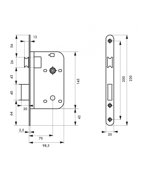 Serratura da incasso per porte interne, asse 70mm, piastra tonda, nero - THIRARD