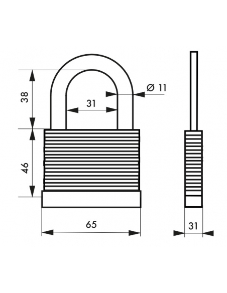 Lucchetto a lamelle, acciaio, da interno, arco in acciaio, 65mm, 2 chiavi - THIRARD