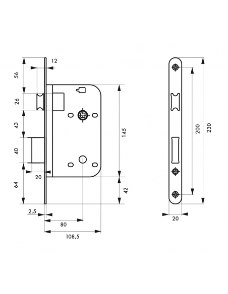 Serratura da incasso con scrocco, asse 80 mm, frontale in ottone lucido verniciato – THIRARD