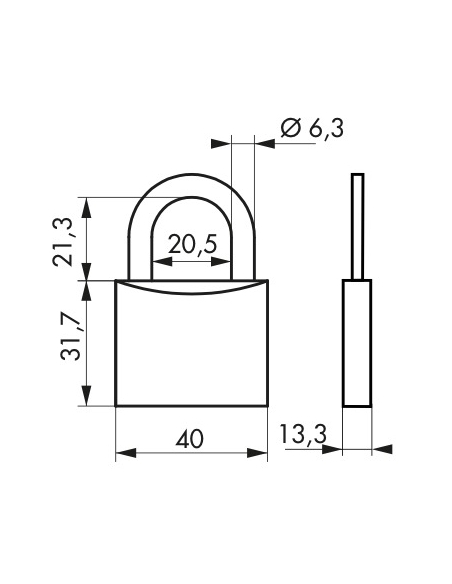 Lucchetto a chiave Tipo 1, ottone, interno, arco in acciaio, 40mm, 3 chiavi - THIRARD