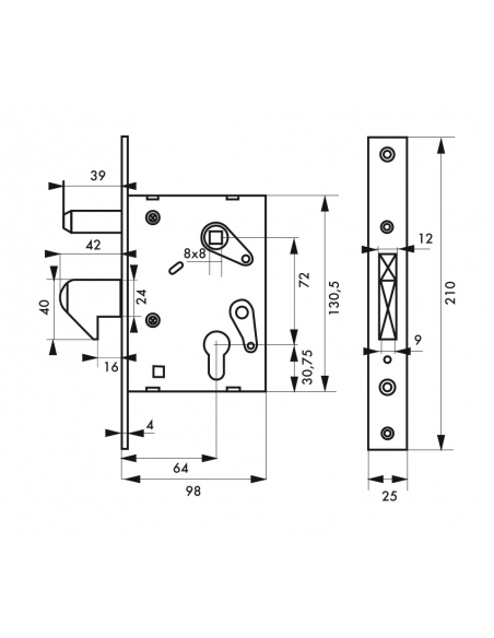 Serratura a gancio per cilindro, asse 64 mm, interasse 72 mm – THIRARD
