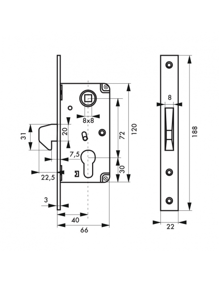 Serratura da incasso a cilindro europeo per portone scorrevole, asse 40mm, piastra quadra, zincato - THIRARD