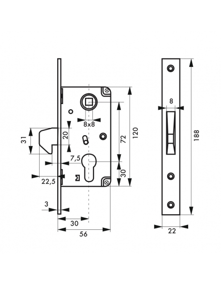 Serratura a gancio per cilindro, asse 30 mm, interasse 72 mm – THIRARD