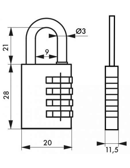 Lucchetto a combinazione RB, ottone, 3 cifre, interno, arco in acciaio, 20mm - THIRARD