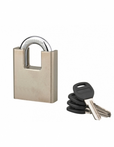 Lucchetto Quadra ad arco protetto 60 mm, acciaio nichelato, 4 chiavi reversibili – Serrurerie de Picardie