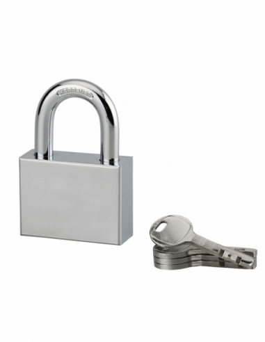 Lucchetto Disk 50 mm, arco in acciaio cementato nichelato, 4 chiavi – Serrurerie de Picardie