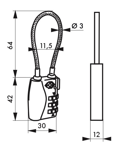Vista aggiuntiva 2 di Lucchetto TSA per bagagli 30 mm con cavo in acciaio 125 mm, combinazione a 3 cifre – Serrurerie de