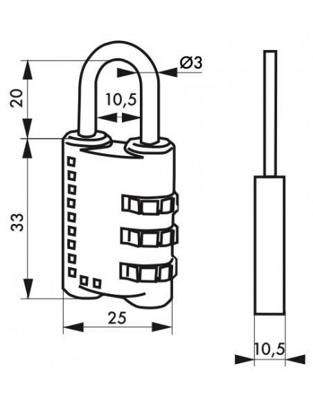 Lucchetto codice, bagagli, 25mm, arco in acciaio nichelato, 3 cifre - Serrurerie de Picardie