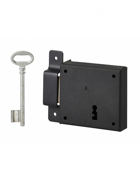 Serratura orizzontale con chiave per porta di cantina, solo catenaccio, sinistra, asse 50mm, 85x76mm, nero, 1 chiave - THIRARD
