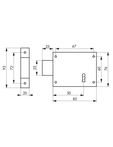 Serratura orizzontale con chiave per porta di cantina, solo catenaccio, sinistra, asse 50mm, 85x76mm, nero, 1 chiave - THIRARD