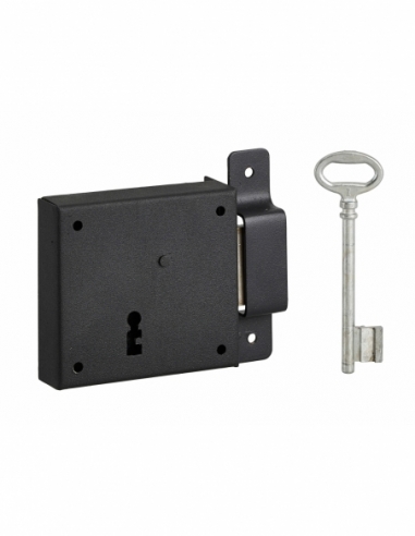 Serratura orizzontale con chiave per porta di cantina, solo catenaccio, destra, asse 50mm, 85x76mm, nero, 1 chiave - THIRARD