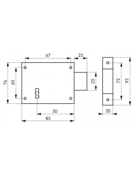 Serratura orizzontale con chiave per porta di cantina, solo catenaccio, destra, asse 50mm, 85x76mm, nero, 1 chiave - THIRARD