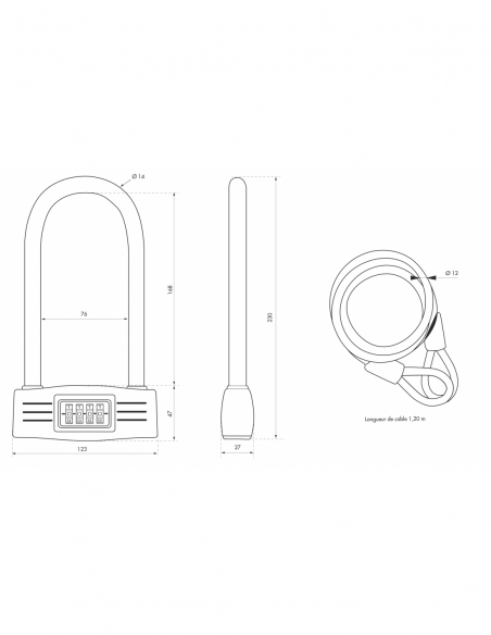 Lucchetto a combinazione UP a 4 cifre, bici, cavo d'acciaio, 12mmx120mm - THIRARD