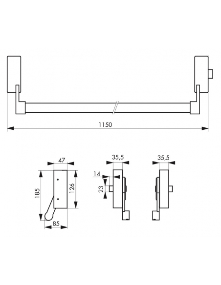 Serratura maniglione antipanico 1 punto sul lato, reversibile, laccato bianco Porta massima 1150 mm - THIRARD