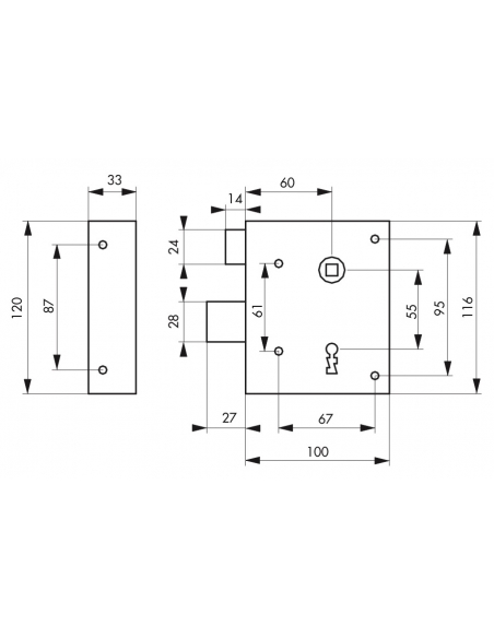 Serratura da applicare Alsace con chiave per porte interne, spinta a sinistra, quadro 8mm, asse 60mm, 110x70mm, 2 chiavi - TH...