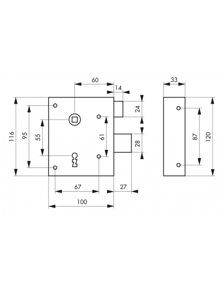 Serratura da applicare Alsace con chiave per porte interne, destra, quadro 8mm, asse 60mm, 110x70mm, 2 chiavi - THIRARD