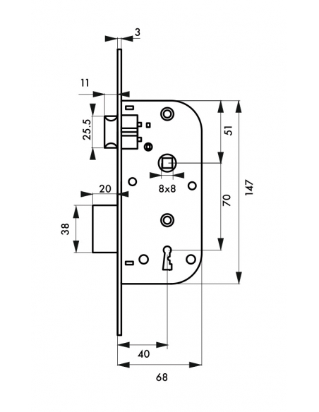 Serratura da incasso per porta interna con chiave, 1/2 giro, asse 40mm, estremità  quadrate, 1 chiave - THIRARD