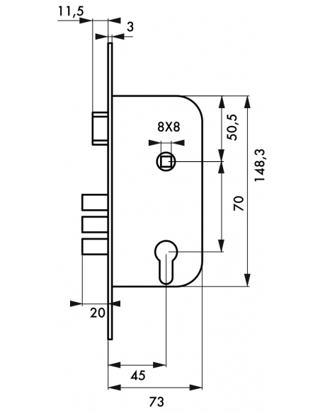 Serratura da incasso a cilindro europeo per porta d'ingresso, asse 45mm, piastra quadra - THIRARD