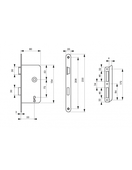 Serratura da incasso Patent, sinistra, asse 55mm, piastra tonda, 1 chiave - THIRARD