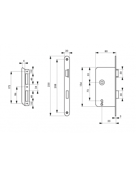 Serratura da incasso Patent Alsace, destra, asse 55mm, piastra tonda, piastra verniciata, 1 chiave - THIRARD