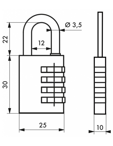 Lucchetto a combinazione Venus, 3 cifre, interno, arco in acciaio, 25mm - THIRARD