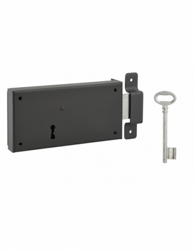 Serratura orizzontale da applicare con chiave per porta di cantina, solo catenaccio, destra, asse 105mm, 160x80mm, nero, 1 ch...