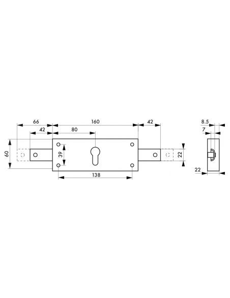 Serratura a cilindro per saracinesca in metallo, 2 catenacci laterali, asse 80mm, 160x60mm, zincato - THIRARD