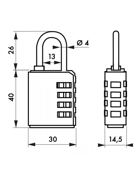 Lucchetto a combinazione Compact 04 per chiave passepartout, 4 cifre, interno, arco in acciaio, 30mm, nero - THIRARD