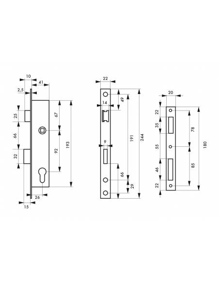 Vista aggiuntiva 1 di Cassa serratura con asse 26 mm, per cilindro L 41 mm, T22 – THIRARD