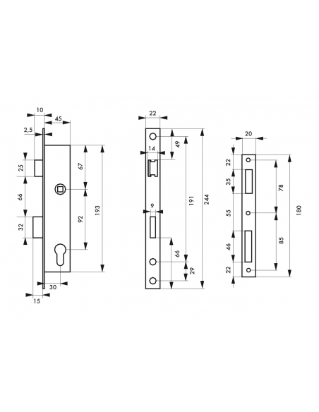 Serratura da incasso con cilindro per infissi in metallo, asse 24mm, L 45, piastra quadra, cilindro 30x30mm, acciaio inossida...