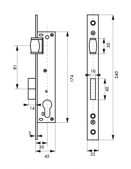 Cassa serratura con asse 30 mm, cilindro e rullo, L 46 mm – THIRARD