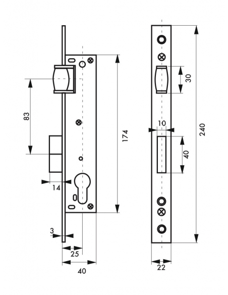 Cassa serratura con asse 25 mm, cilindro e rullo, L 41 mm – THIRARD