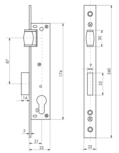 Cassa serratura con asse 20 mm, cilindro e rullo, L 36 mm – THIRARD