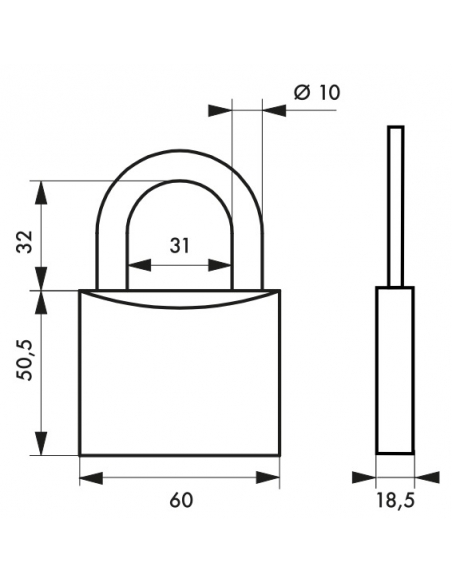 Lucchetto con chiave tipo 1, interno, ottone, ansa in acciaio, 60mm, 2 chiavi/lucchetti - THIRARD