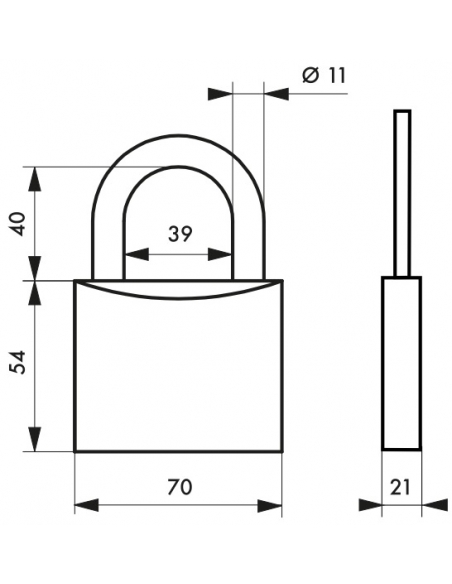 Lucchetto a chiave Tipo 1, ottone, esterno, arco in ottone, 70mm, 2 chiavi - THIRARD