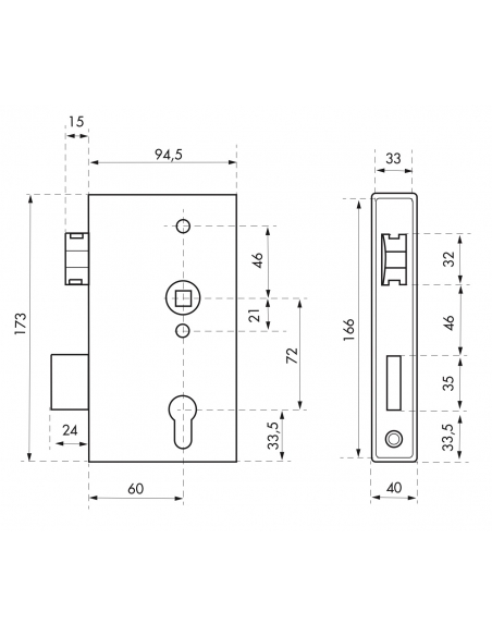 Serratura da saldare, foro cilindro EU per cancello, reversibile, asse 60mm, 94,5x173mm, tubo 40mm - THIRARD