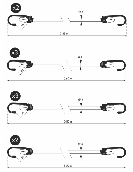Vista aggiuntiva 1 di Tubo con 12 tenditori elastici con gancio Ø 8 mm, lunghezze assortite – THIRARD