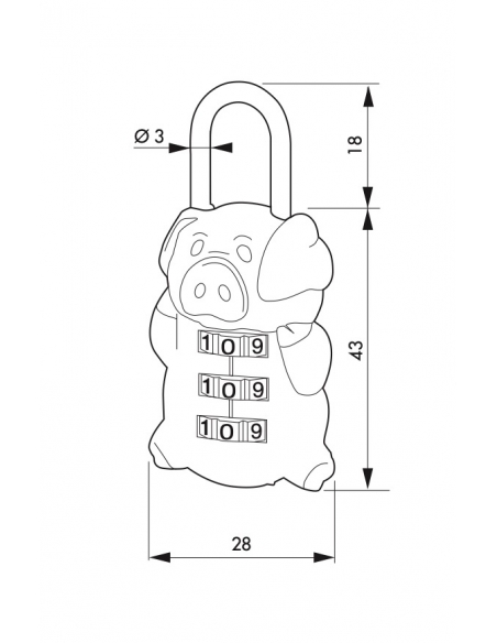 Lucchetto a combinazione Fantasy Pig maialino, 3 cifre, interno, arco in acciaio - THIRARD