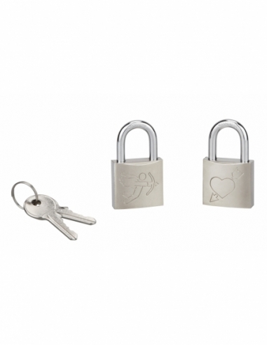 Set di 2 lucchetti Love, ottone, interno, ansa in acciaio, 30 mm, Cupido/Cuore, 2 chiavi per lucchetto – THIRARD