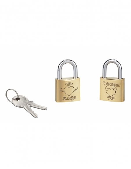 Set di 2 lucchetti Love, ottone, interno, arco in acciaio, 30 mm, angelo/demone, 2 chiavi per lucchetto – THIRARD