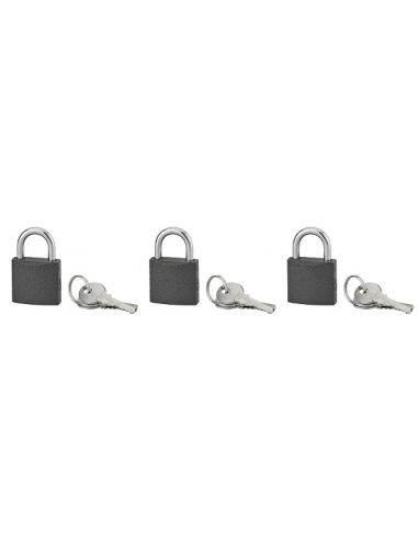 Set di 3 lucchetti BASIC grigi con chiave, base 30 mm, ansa in acciaio cementato, chiave uguale, 3 chiavi/cad. - SERRUPRIX