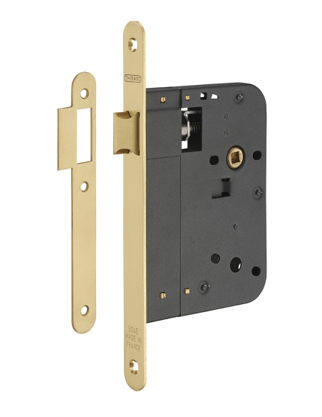 Serratura da incasso con scrocco, asse 80 mm, frontale in ottone lucido verniciato – THIRARD