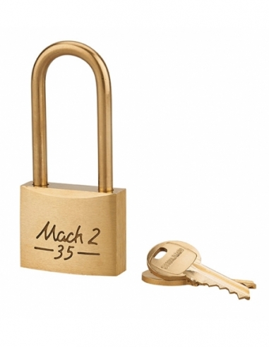 Lucchetto MACH 2 35 mm, corpo in ottone massiccio lucido, arco alto, 2 chiavi – THIRARD