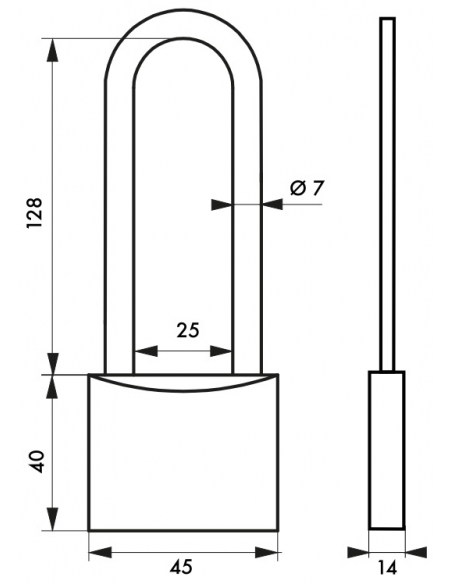 Vista aggiuntiva 1 di Lucchetto MACH 2 45 mm, corpo monoblocco in ottone, arco alto, anticorrosione, 2 chiavi – THIRARD