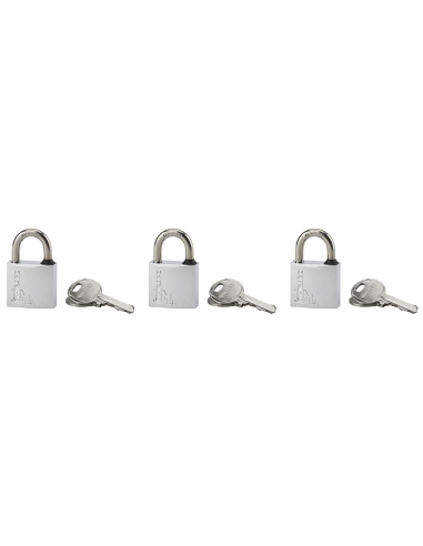 Set di 3 lucchetti 30 mm a chiave uguale, ottone cromato, arco inox, 6 chiavi – THIRARD