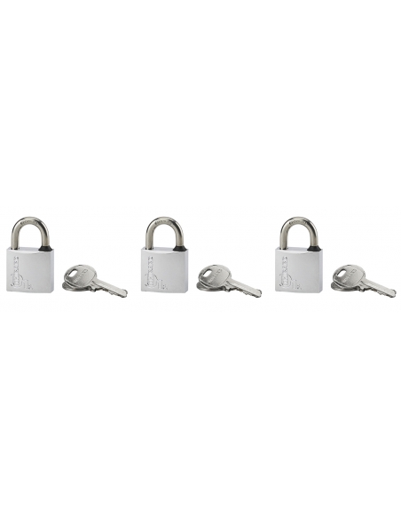 Set di 3 lucchetti 30 mm a chiave uguale, ottone cromato, arco inox, 6 chiavi – THIRARD